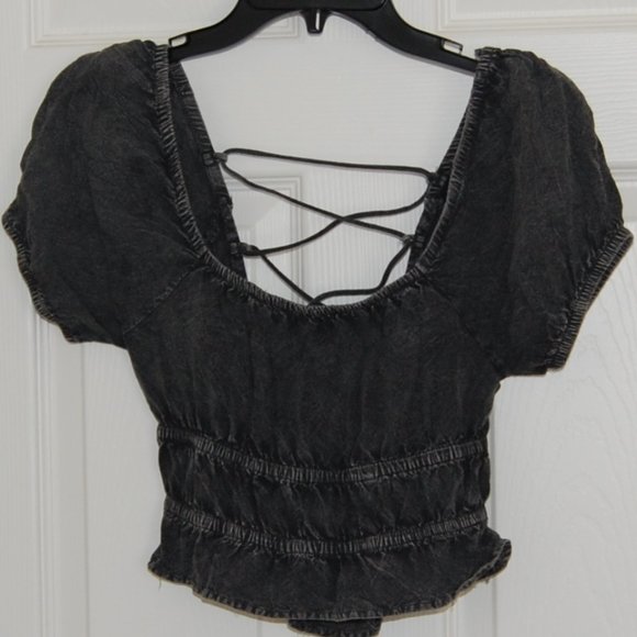 Rebellion Again, Size M, Rayon Crop Top, Strappy Back Off Shoulder, Gray - Picture 12 of 15